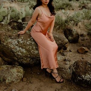 Shona Joy Strapless Coral Satin Dress, sz 10 fits small.